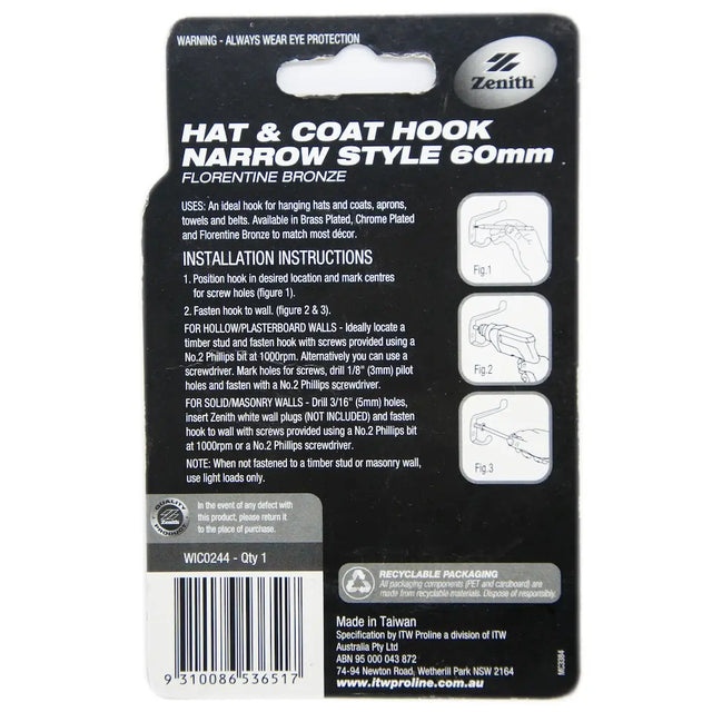 Packaging of a hat and coat hook with installation instructions on a white background