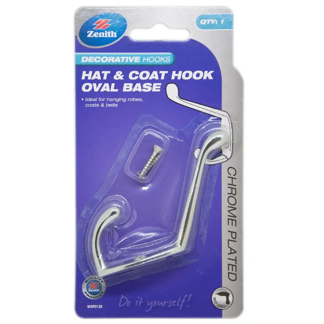 Chrome-plated hat and coat hook with oval base on Zenith packaging