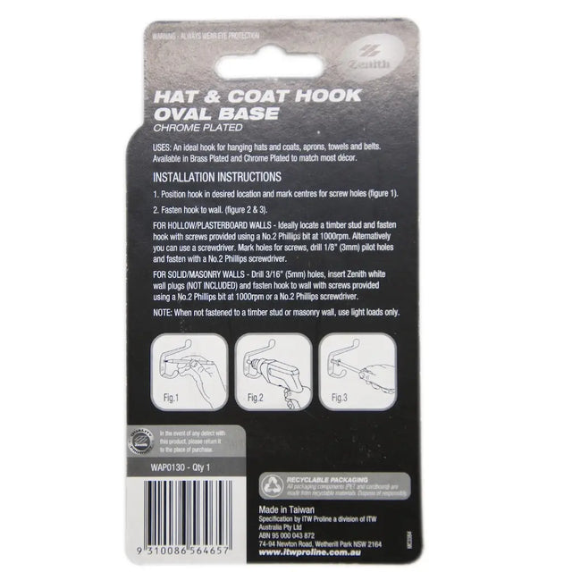 Back of a hat and coat hook packaging with installation instructions and brand logo.
