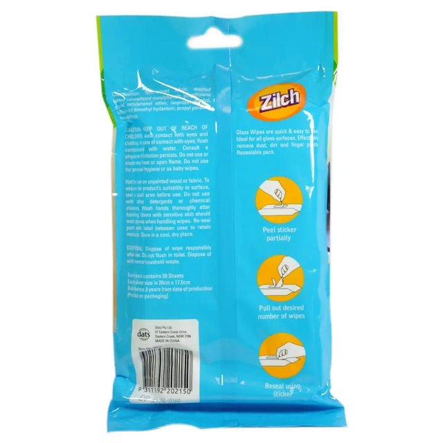 Zilch cleaning wipes packaging with blue background and text.