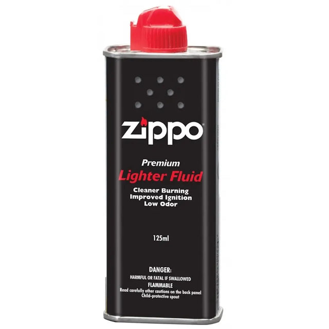 A 125ml can of Zippo Premium Lighter Fluid on a plain white background. The can is black with a red screw-on cap and features the white and red Zippo brand logo on the front.
