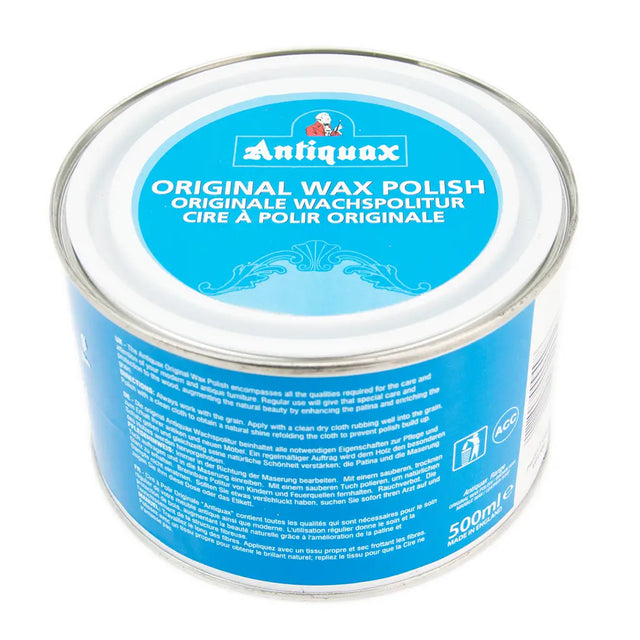 Container of Antiquax Original Wax Polish with blue label on a white background