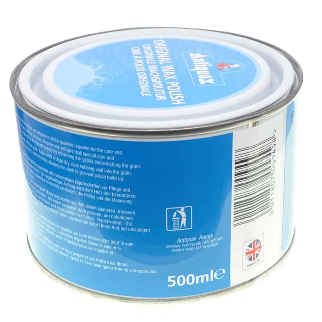 Container with blue label and white lid on a white background