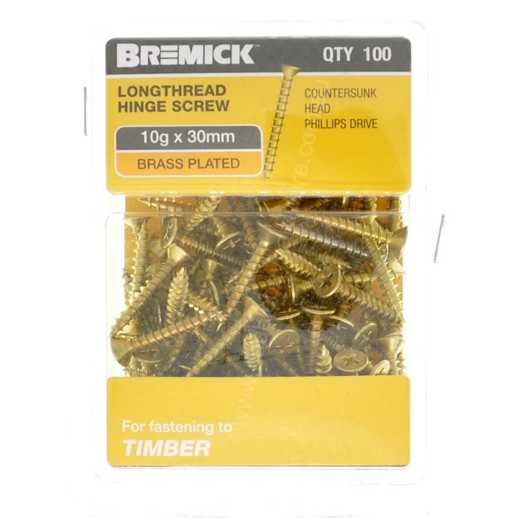Bremick 10Gx30mm Countersunk Long Thread Hinge Screw Phillips Brass Plated 100Pcs
