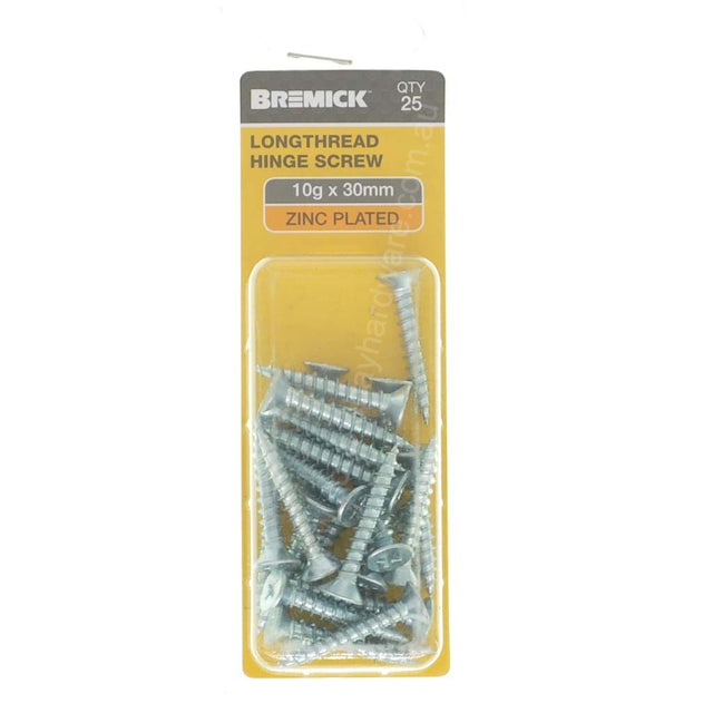 Bremick 10Gx30mm Countersunk Long Thread Hinge Screw Phillips Zinc Plated 25Pcs
