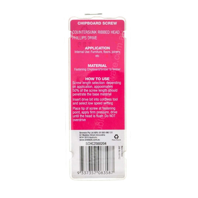 Bremick 8Gx20mm Countersunk Chipboard Screw Phillips Zinc Plated 45Pcs