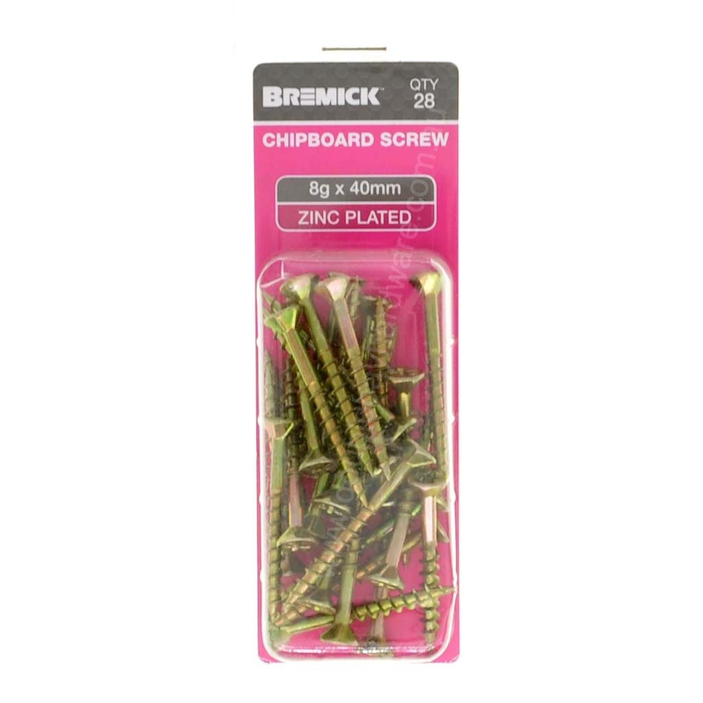 Bremick 8Gx40mm Countersunk Chipboard Screw Phillips Zinc Plated 28Pcs