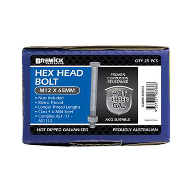 BREMICK M12x65mm Hot Dipped Galvanised Hex Head Bolt & Nut Box