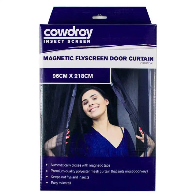 Cowdroy magnetic flyscreen door curtain packaging with a woman using the product.