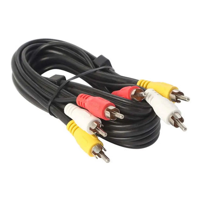 Coiled audio/video cable with red, yellow, and white plugs on a white background