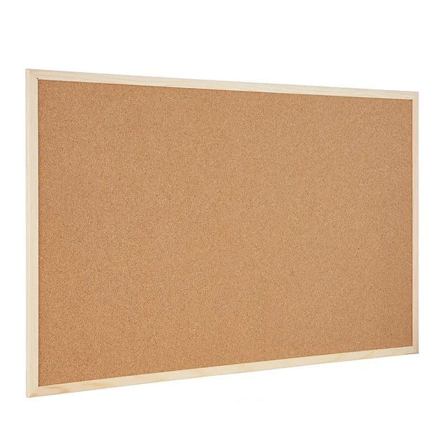 Cork bulletin board with wooden frame on a white background