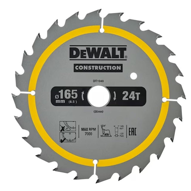 DeWalt Construction Circular Saw Blade 165mm 24T (16/20mm) DT1949 - QZ