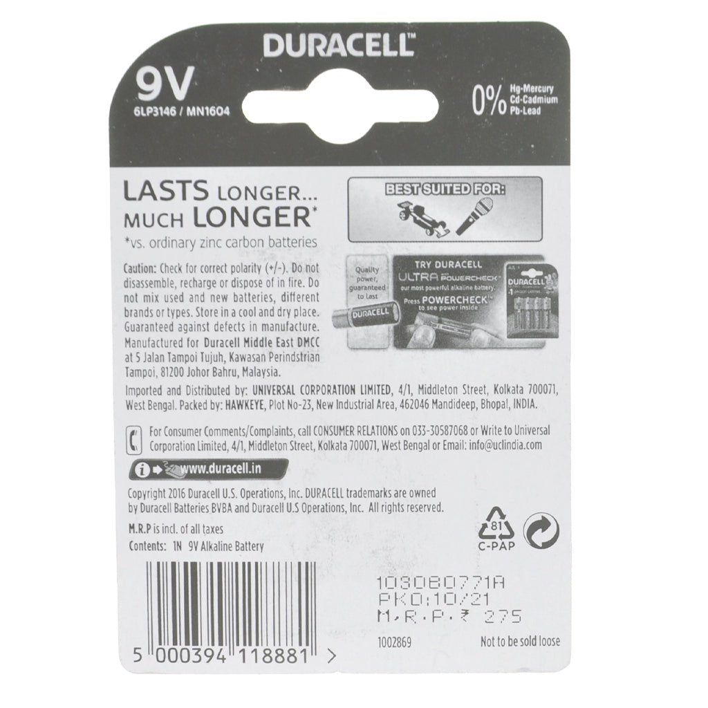 DURACELL Long Lasting Alkaline Battery 9V 6LP3146