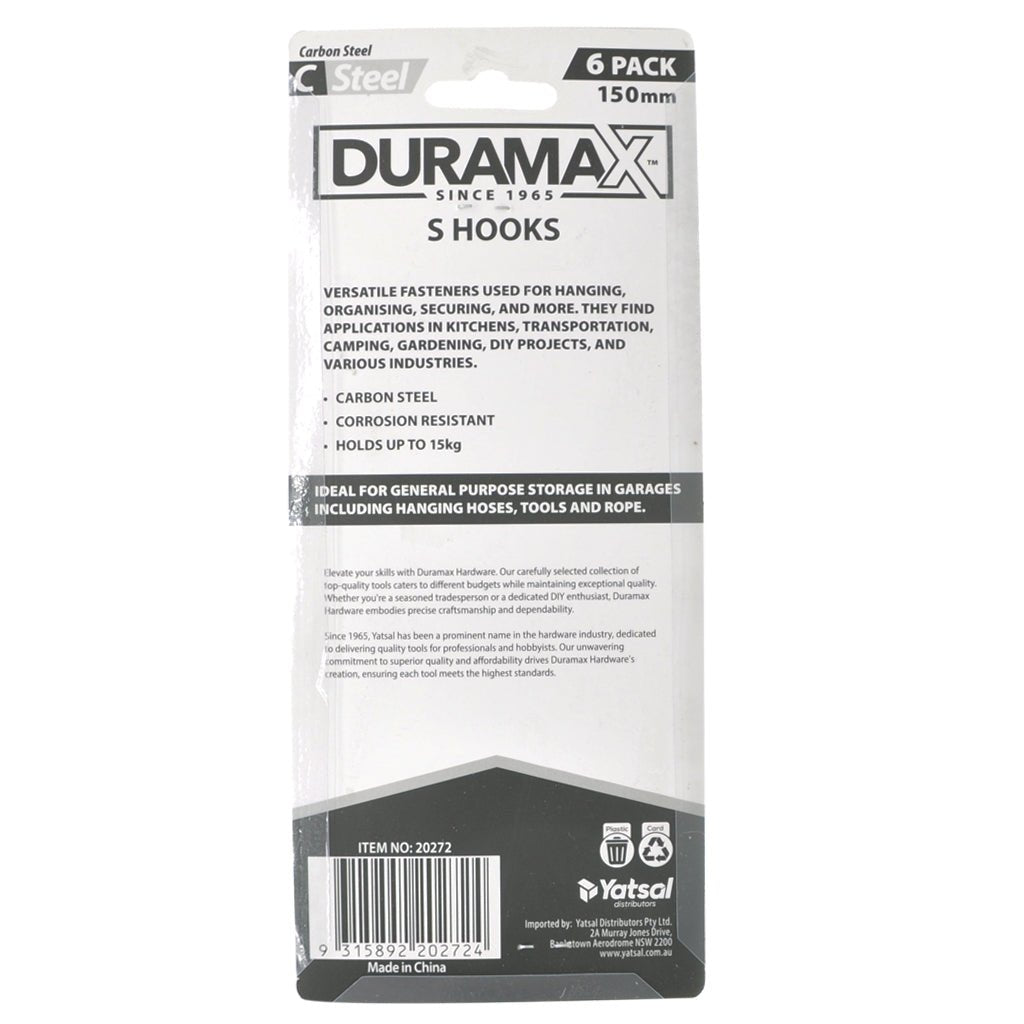 DURAMAX S Hook 150mm Holds 15Kg 6Pcs 20272