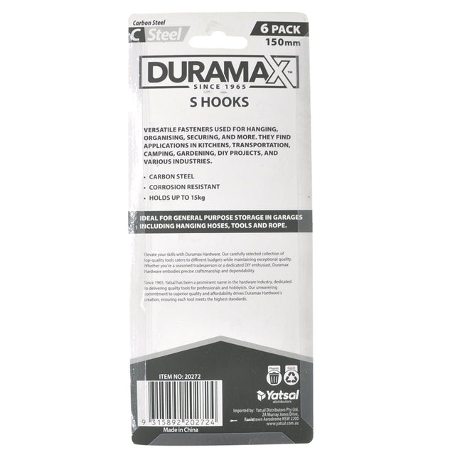 DURAMAX S Hook 150mm Holds 15Kg 6Pcs 20272