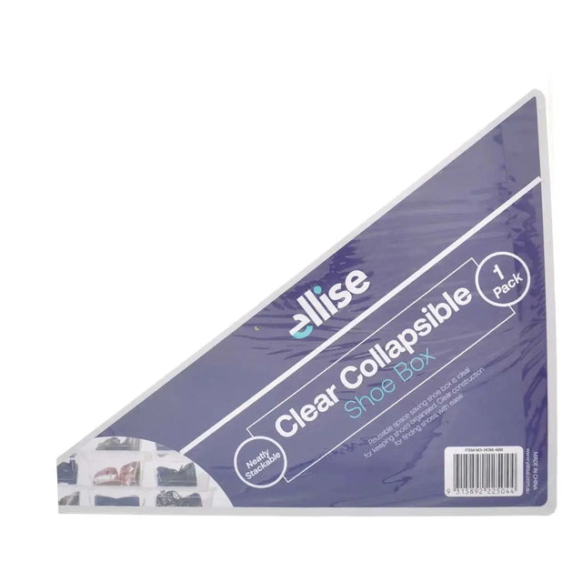 Clear collapsible shoe box packaging with 'ellise' branding on a white background