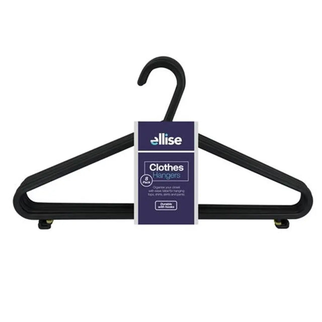 Black hangers with a 'ellise' label on a white background