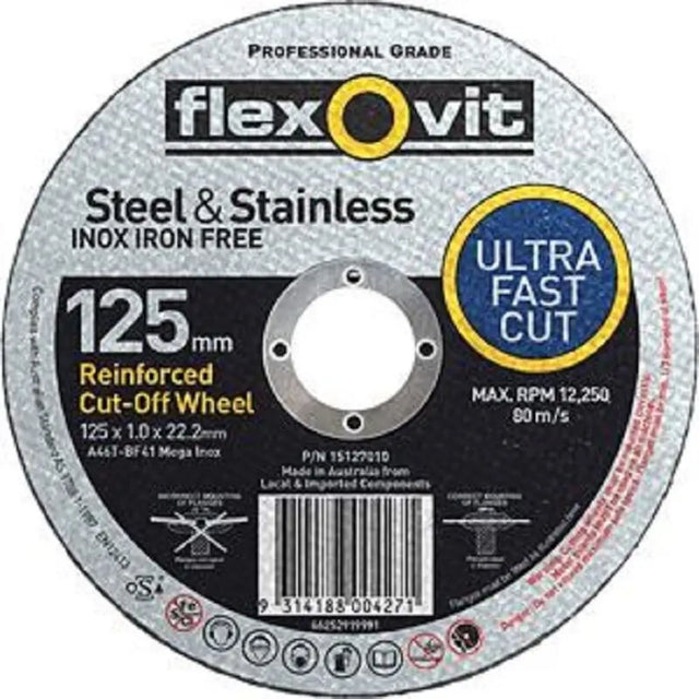 A Flexovit 125 mm steel and stainless steel cut-off wheel on a plain white background. The circular abrasive disc features a silver-gray textured body with black, yellow, and blue printed text and graphics, including the Flexovit brand logo and an 'Ultra Fast Cut' badge.