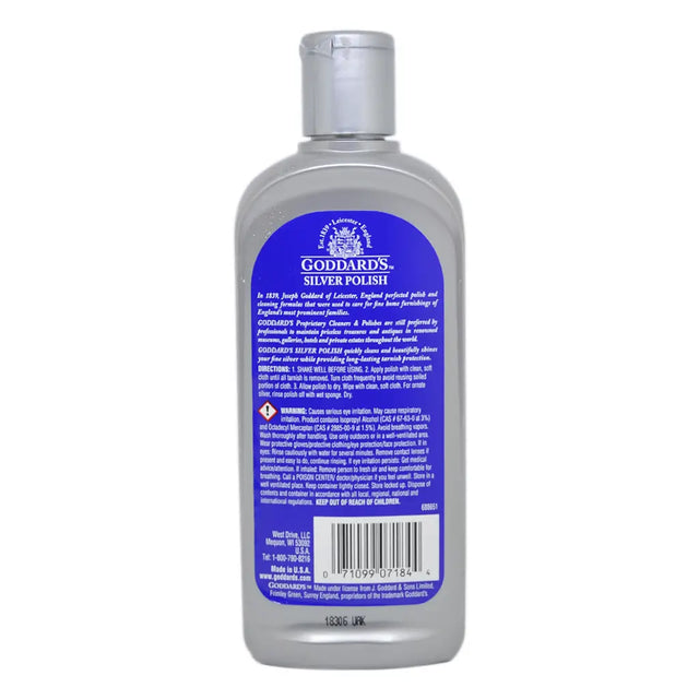 Bottle of Goddard's Silver Polish with a blue label on a white background