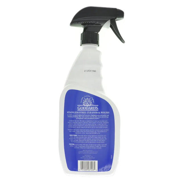 Spray bottle labeled 'Goddard's Stainless Steel Cleaner & Polish' on a white background