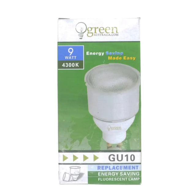 Energy-saving light bulb packaging with 'Green Australia' branding on a white background