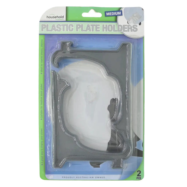 Packaged plastic plate holders with a clear plastic cover on a white background