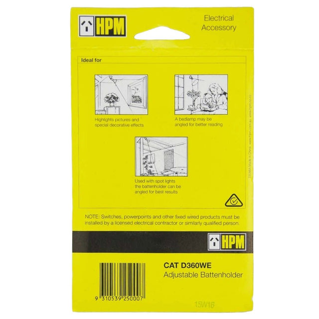 HPM Adjustable B22 Batten Holder White D360WE