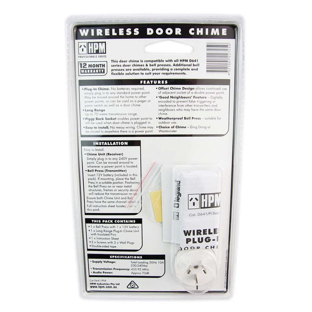 HPM Power Operated Plug In Wireless Door Chime Up to 70 metres Range D641/PILR