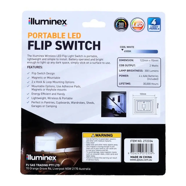 Packaging of Illuminex portable LED flip switch with product details and branding.