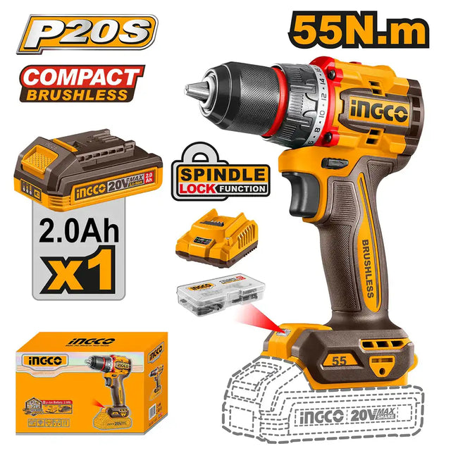 ingco Compact Brushless 20V Li-Ion Cordless Drill Kit