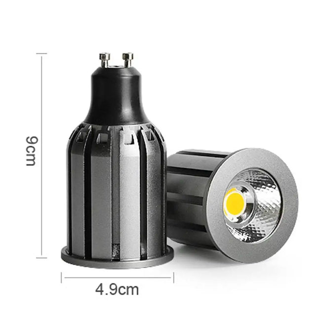 Two LED light bulbs with dimensions indicated on a white background