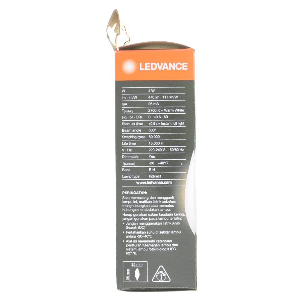 Ledvance Candle LED Light Bulb E14 240V 4W Pearl W/W