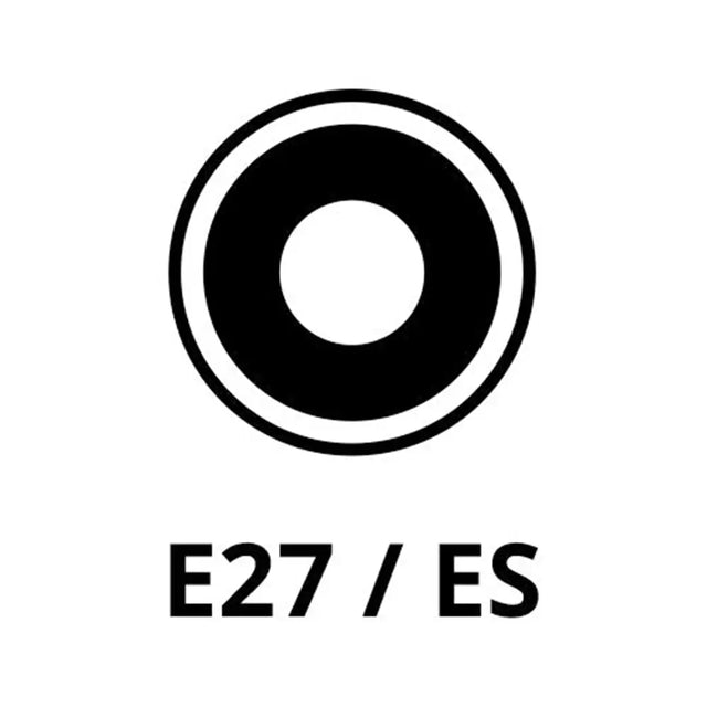Black and white icon of a light bulb socket with 'E27/ES' text below on a white background