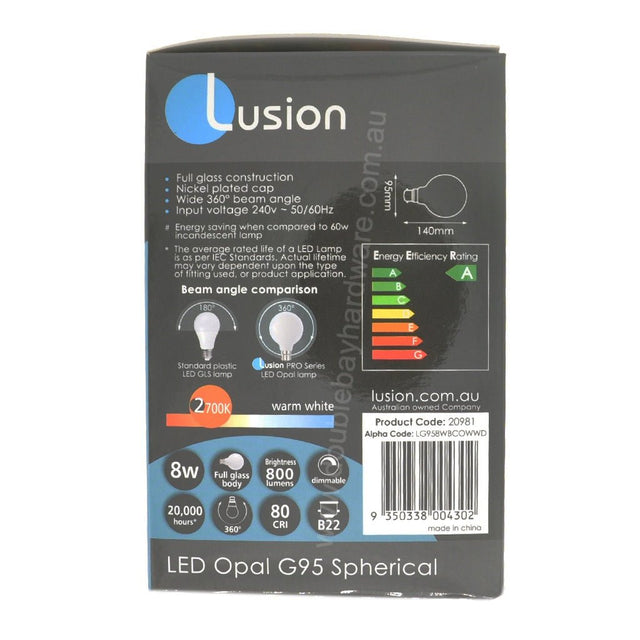 Lusion G95 Spherical LED Light Bulb 240V 8W B22 W/W Opal 20981