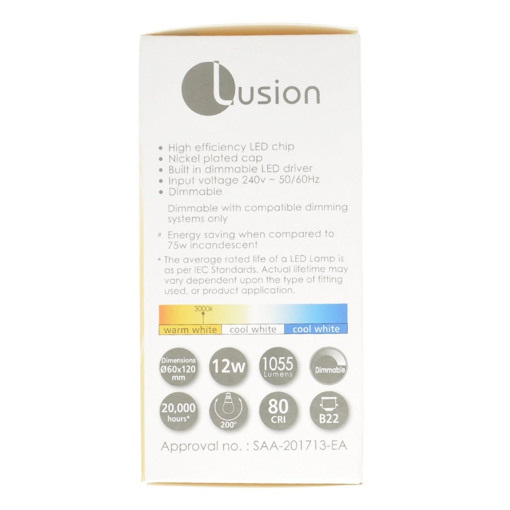 Lusion GLS LED Light Bulb B22 240V 12W W/W Opal 20422
