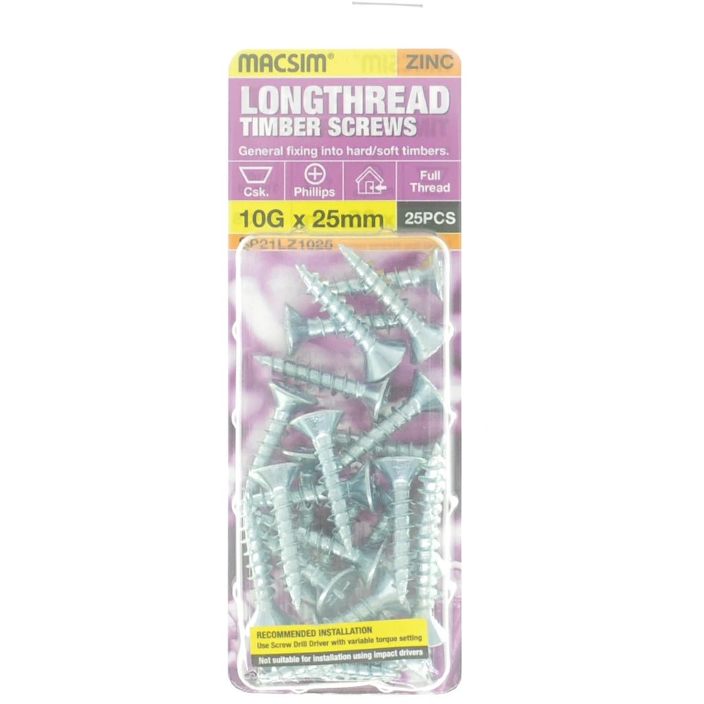 MACSIM 10Gx25mm Countersunk LONGTHREAD Timber Screw Zinc Plate SP21LZ1025