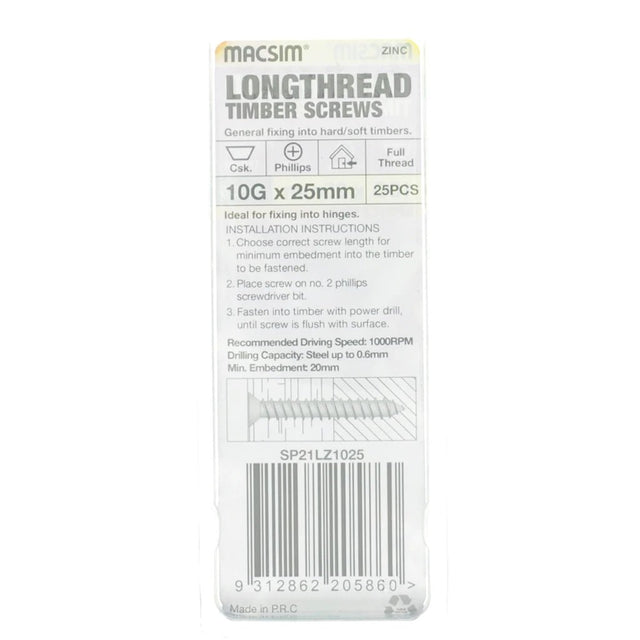 MACSIM 10Gx25mm Countersunk LONGTHREAD Timber Screw Zinc Plate SP21LZ1025