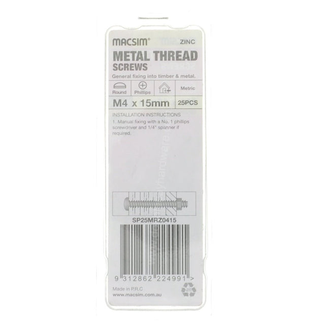 MACSIM M4x15mm METALTHREAD Bolt Round Head Zinc SP25MRZ0415