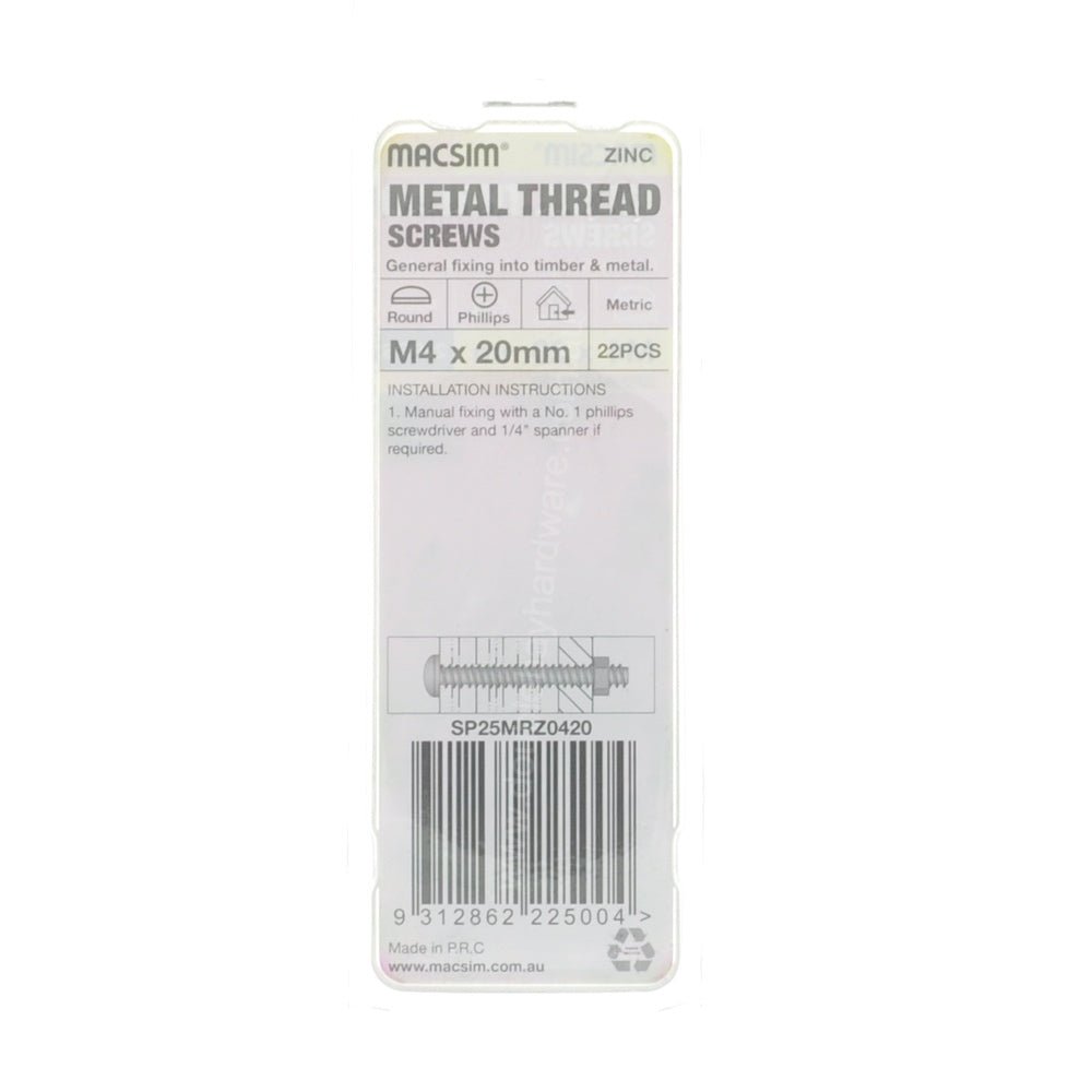 MACSIM M4x20mm METALTHREAD Bolt Round Head Zinc SP25MRZ0420