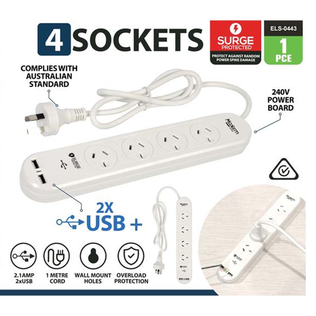 MaxEm 1m 4 Switched Outlets Powerboard With 2USB ELS - 0443