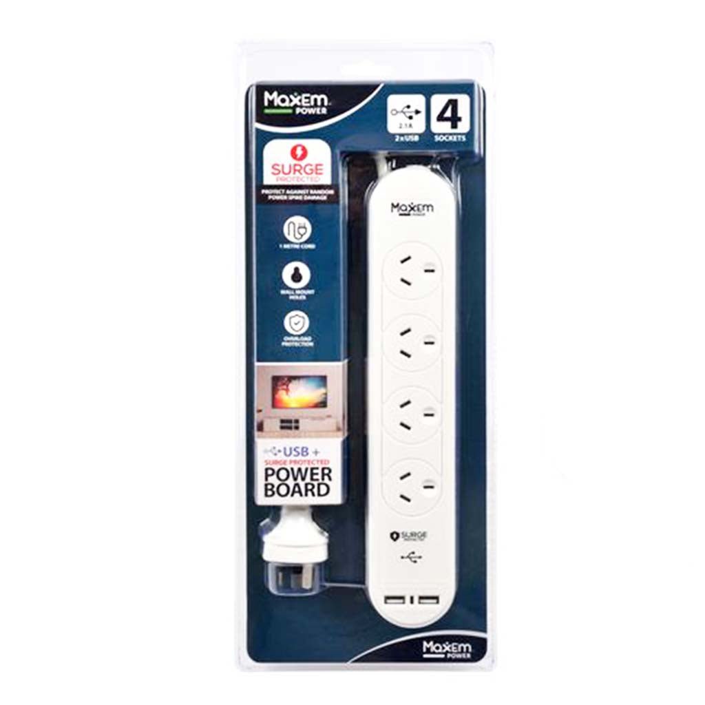 MaxEm 1m 4 Switched Outlets Powerboard With 2USB ELS - 0443
