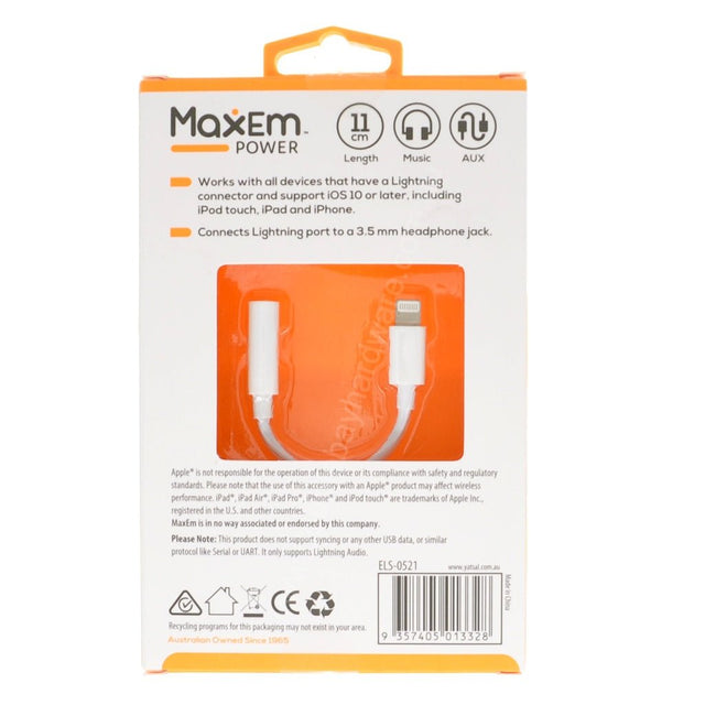 MaxEm Lightning 8 Pin to 3.5mm Headphone Adaptor ELS - 0521