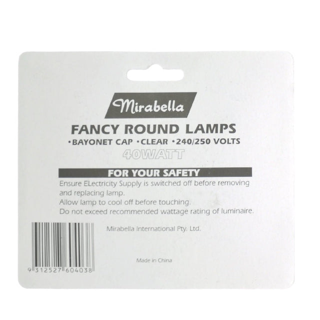 Mirabella Fancy Round Incandescent Light Bulb B22 240V 40W Clear 2Pcs
