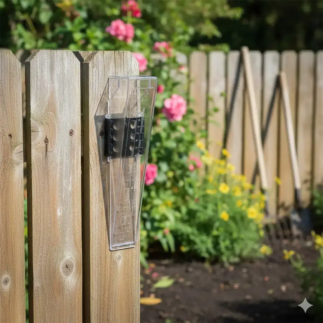 Clear rain gauge attached to a wooden post with garden tools and flowers in the background