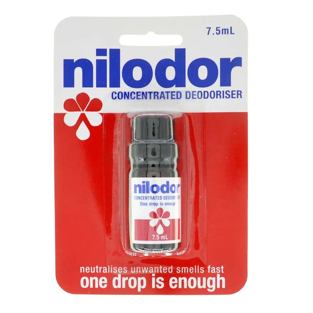 Nilodor concentrated deodoriser packaging with red and white design