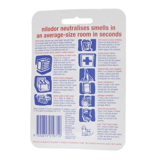 Package of nilodor with text and icons on a white background