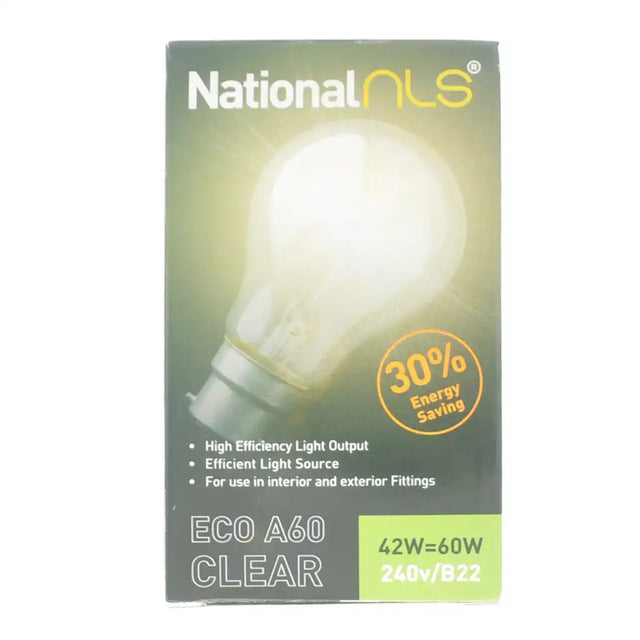 National NLS eco A60 clear light bulb packaging with energy saving information.