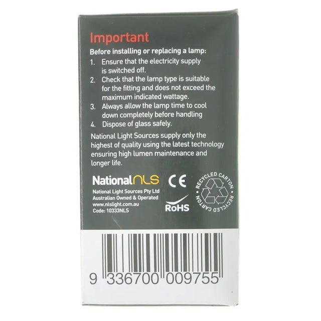 Back of a light bulb packaging with text and branding