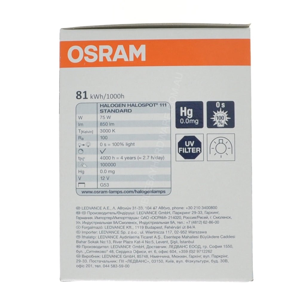 OSRAM HALOSPOT 111 Halogen Light Bulb AR111 G53 12V 75W 24° 41840FL