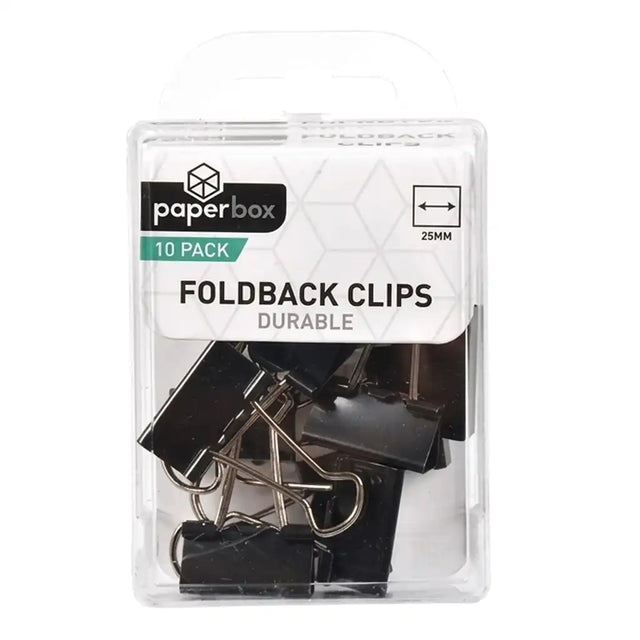 Pack of foldback clips with 'paperbox' branding on a white background